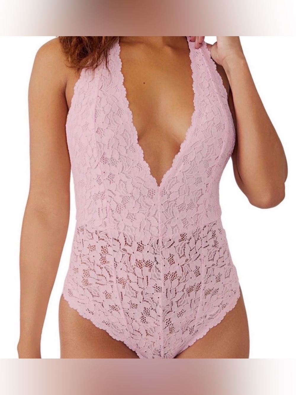 free people baby pink lace halter bodysuit | size large♡
